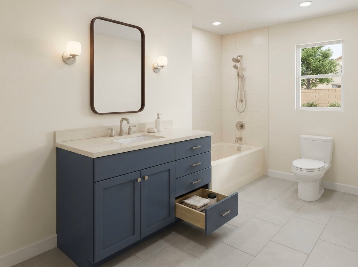 Cabinetry Pre Made Stock Cabinets Vanity Installation in Riverside County.