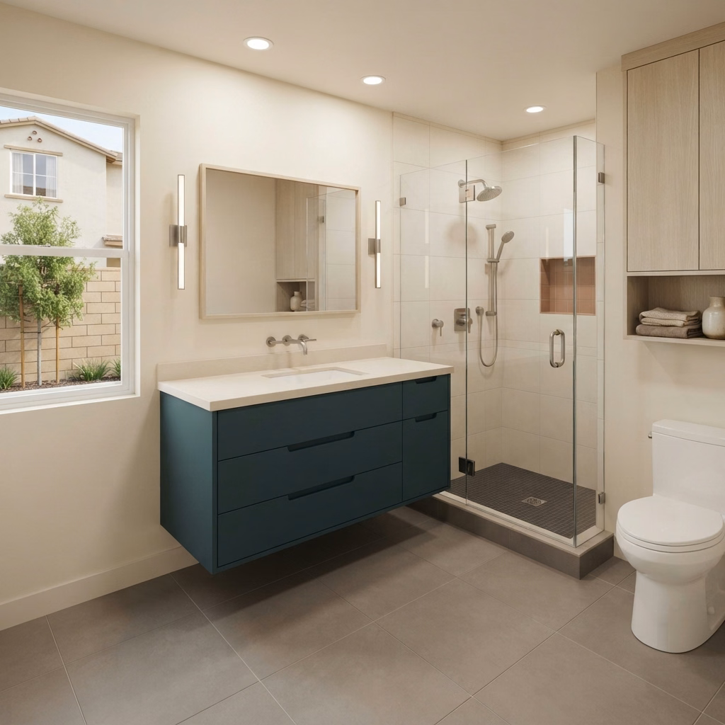 Floating Wall Mounted Vanity Installation in Riverside County.