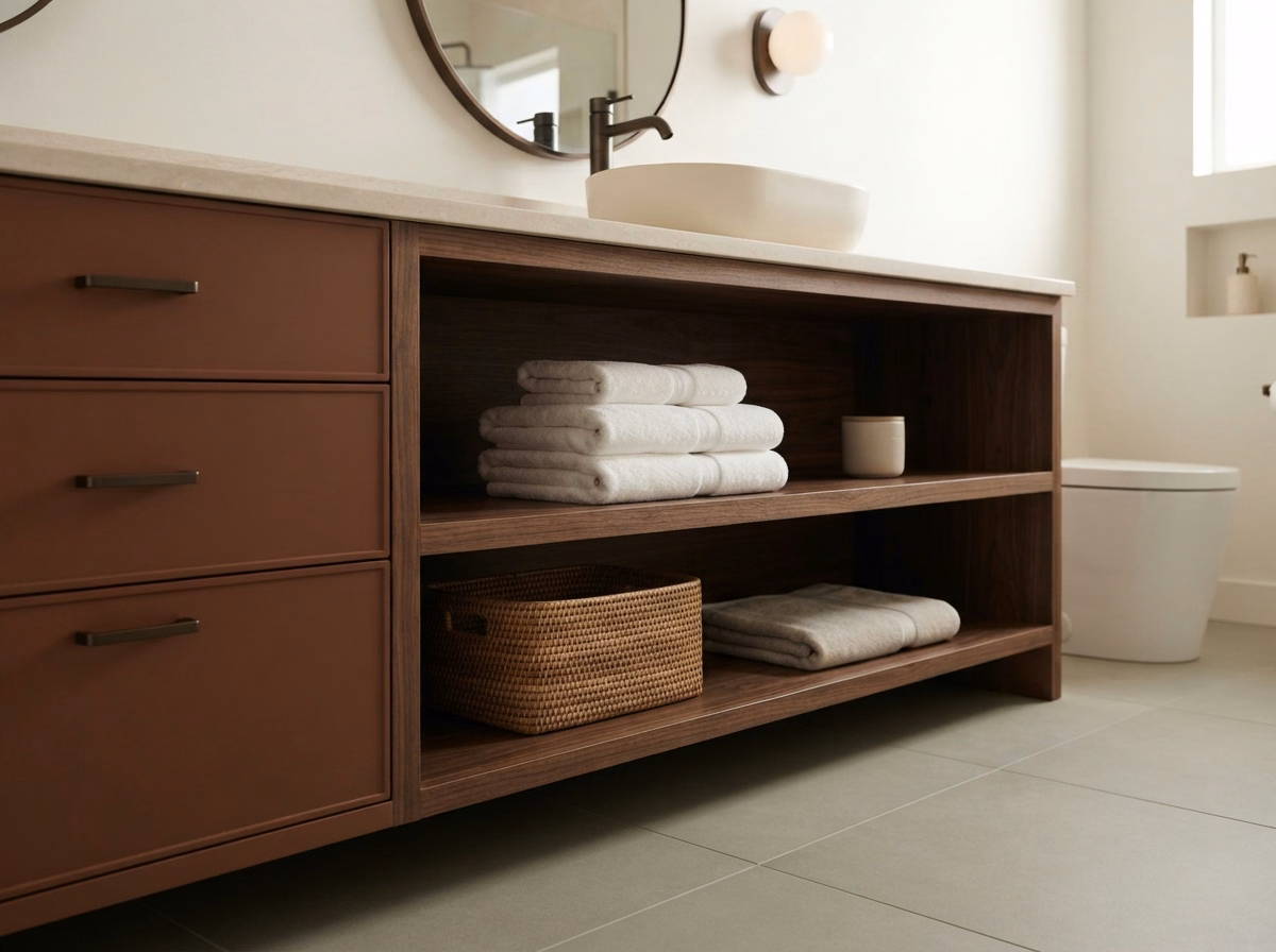 Open Shelving Vanity Installation in Riverside County.