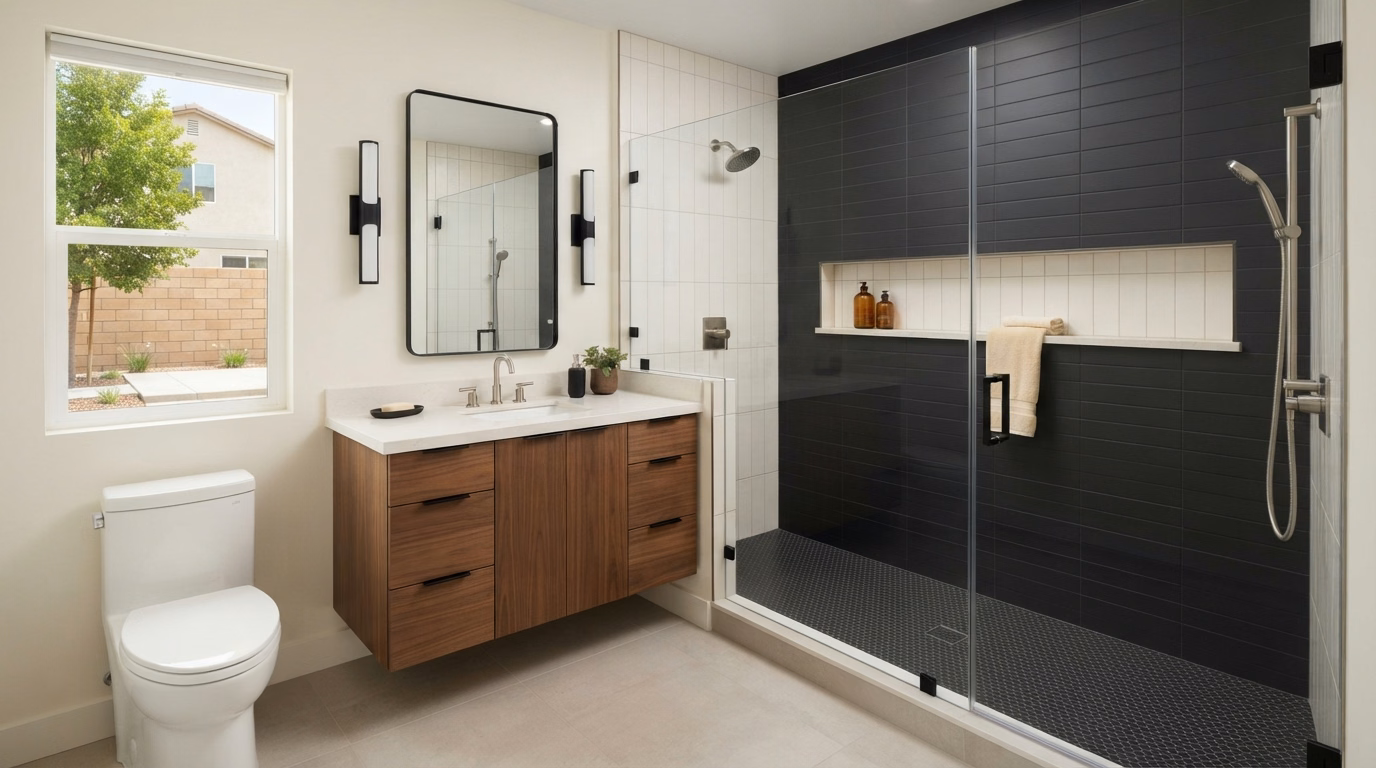Black and White Contrast Shower Remodeling | Riverside County Black and White Contrast Shower Remodeling in Riverside County.