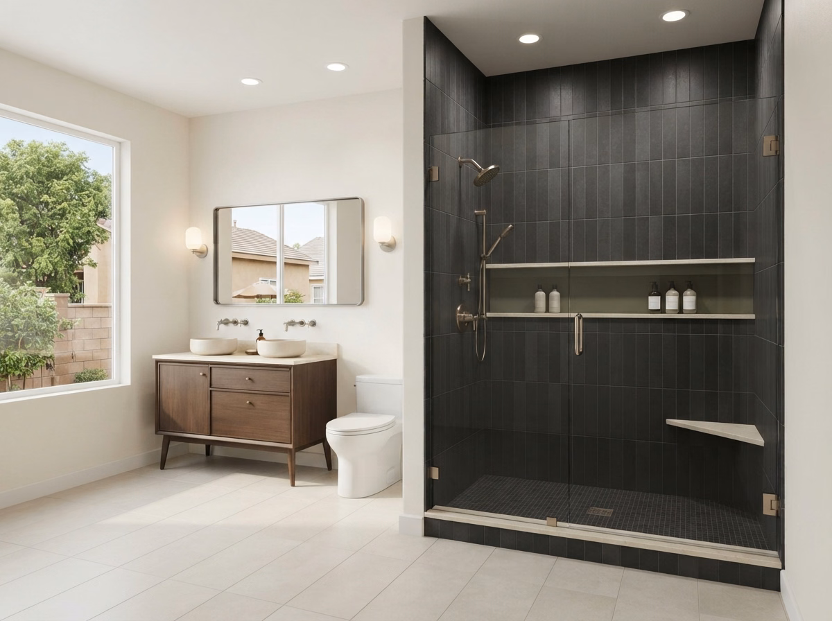 Dark Charcoal Tile Shower Remodeling | Riverside County Dark Charcoal Tile Shower Remodeling in Riverside County.