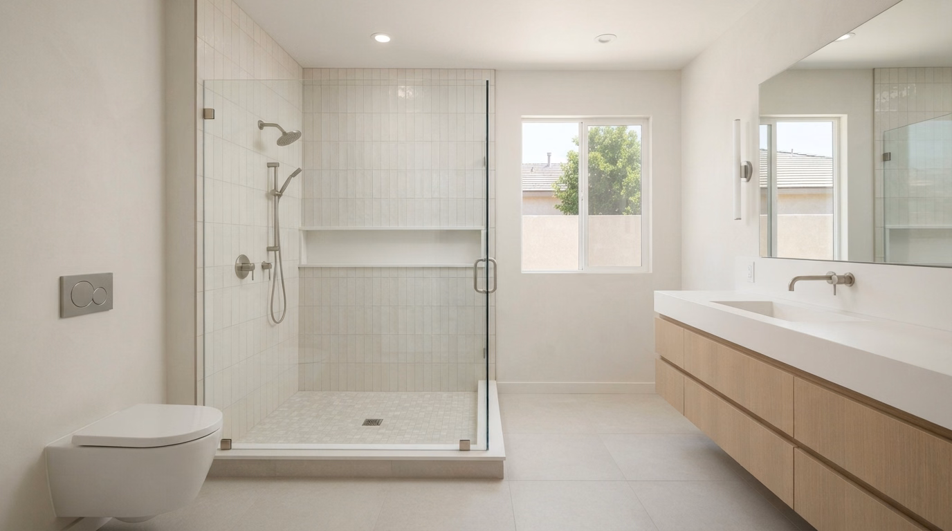 Minimalist White Shower Remodeling | Riverside County Minimalist White Shower Remodeling in Riverside County.