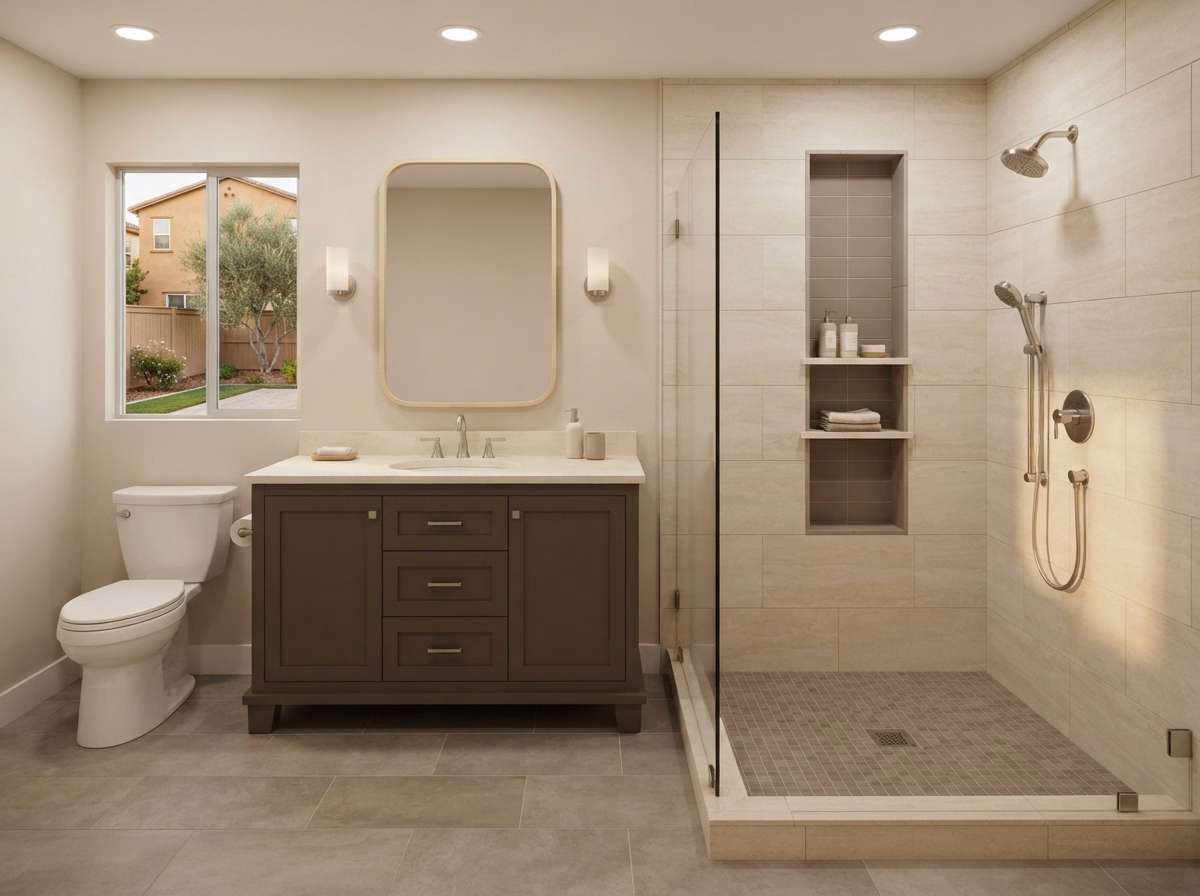 Warm Neutral Tile Shower Remodeling | Riverside County Warm Neutral Tile Shower Remodeling in Riverside County.