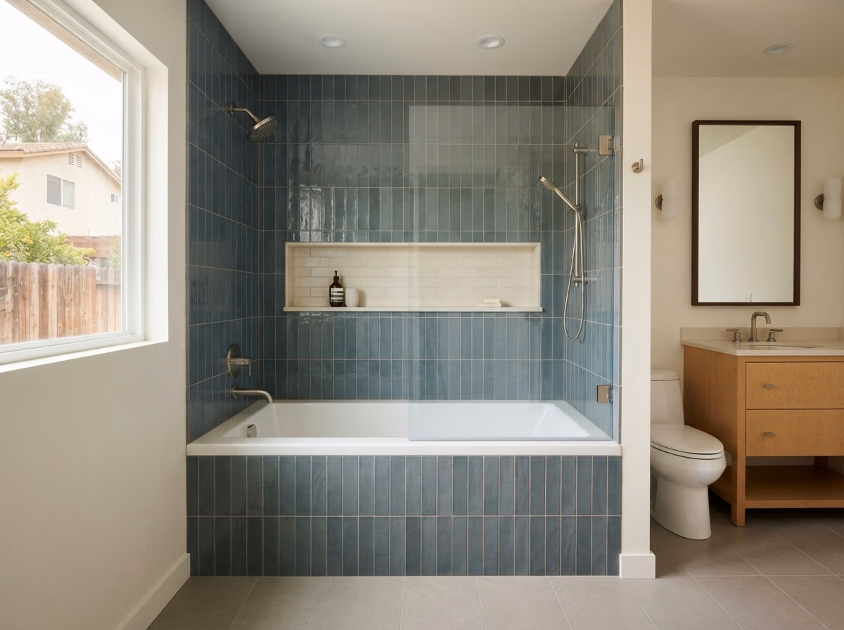 Full Scope Custom Tile Surrounds Shower to Tub Conversion | Riverside County Full Scope Custom Tile Surrounds Shower to Tub Conversion in Riverside County.
