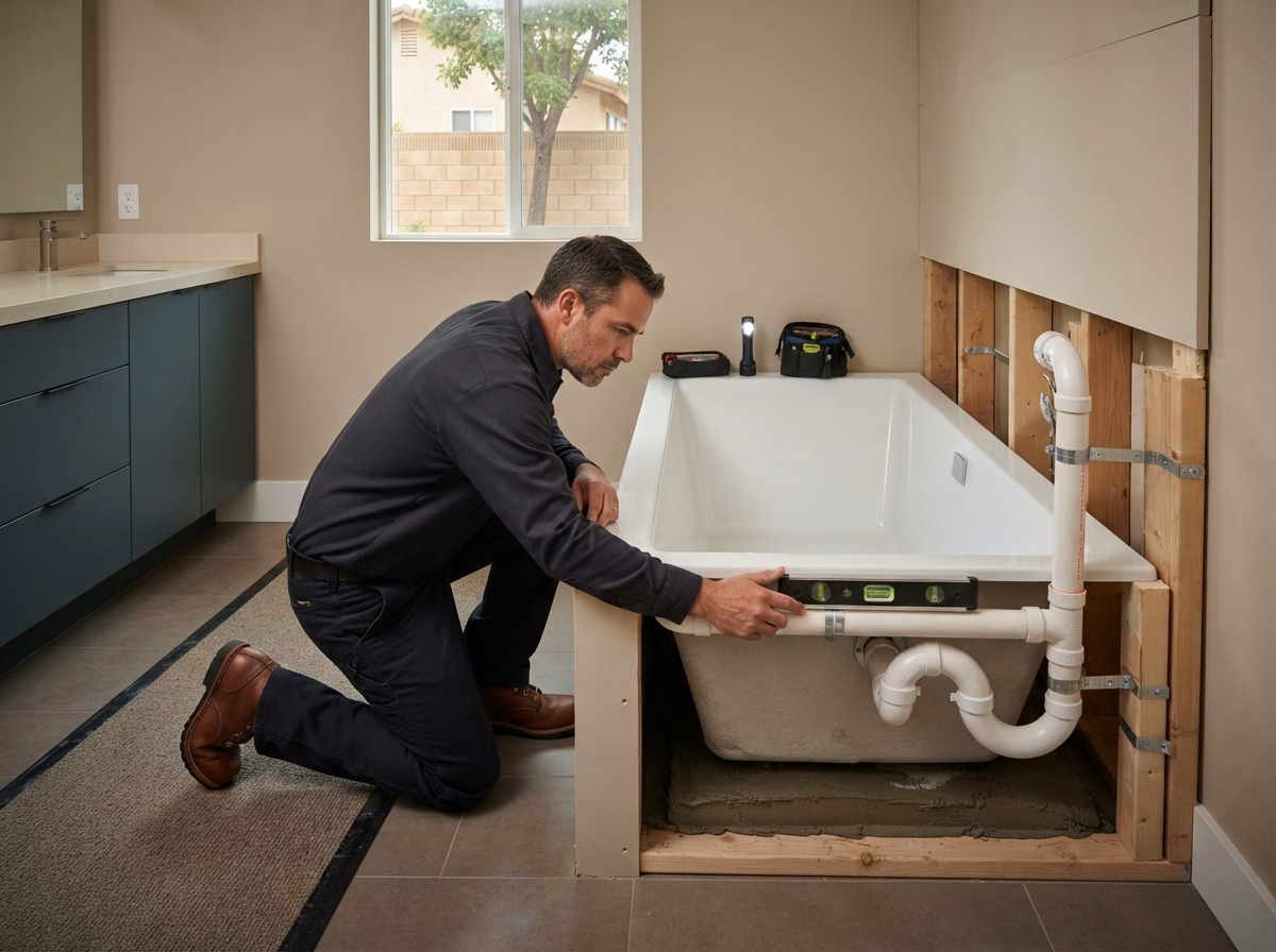 Full Scope Drain and Overflow Shower to Tub Conversion | Riverside County Full Scope Drain and Overflow Shower to Tub Conversion in Riverside County.