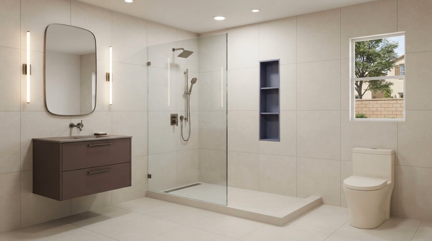 Curbless Walk-In Shower for Compact Bathrooms | Riverside County Curbless walk-in shower for a compact bathroom in Riverside County.