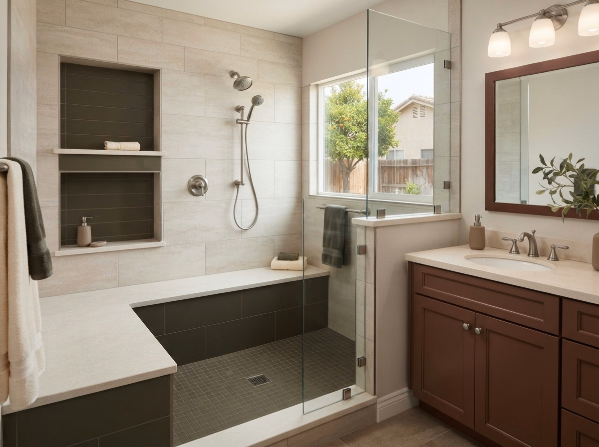 Niche and Bench Hemet Ca Tub to Shower Conversion in Riverside County.